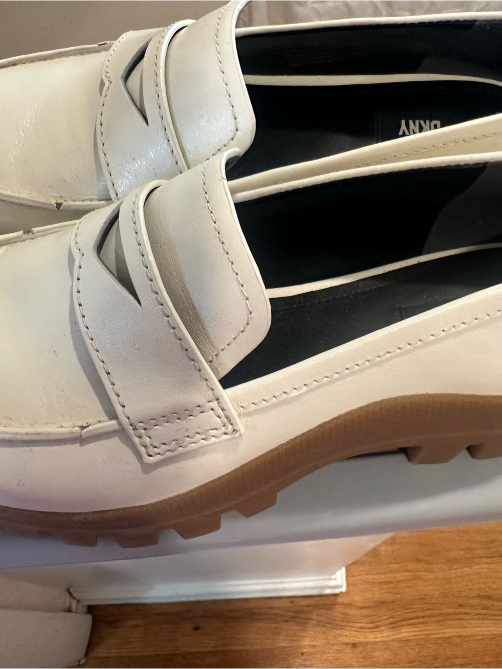 Dkny White Leather Penny Loafers with Tan Lug Sole
